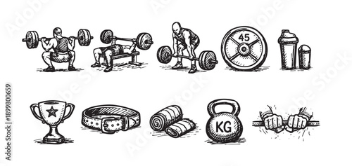 Hand-drawn illustrations of weightlifting exercises, gym equipment, and a trophy. Ideal for fitness blogs, gym advertising, or sports-related content with a unique, artistic flair.