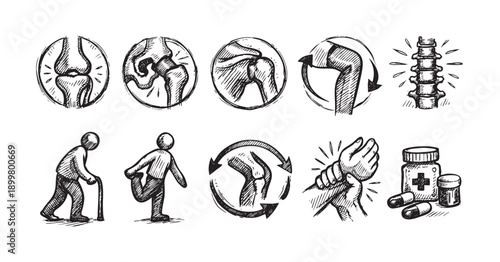 Black and white sketch icons representing joint pain, aging, stretching, therapy, medication, and medical conditions. Use for health, medical, or aging content.