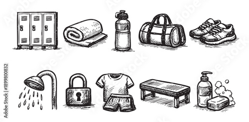 Black and white sketch style illustration featuring gym essentials. Includes lockers, towel, water bottle, gym bag, sneakers, shower, padlock, clothes, bench, soap, and shampoo.