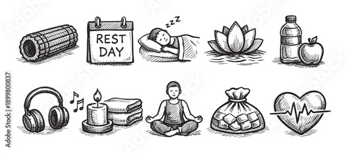 Hand-drawn sketch icons of wellness activities including rest, meditation, sleep, healthy eating, and relaxation. Ideal for health blogs or wellness promotions.