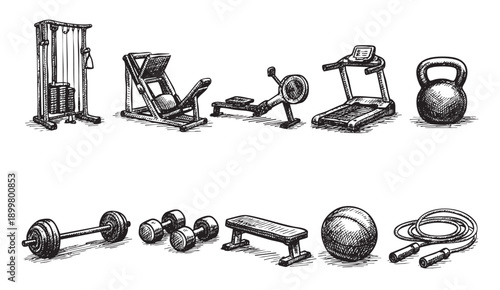 A hand-drawn illustration featuring various gym equipment. Perfect for fitness blogs, health articles, and motivational content. Monochrome design for versatile use.