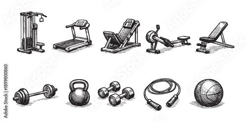 A hand-drawn sketch of various gym equipment including weights, machines, and accessories, perfect for fitness-related content, illustrations, or graphic design.