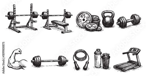 Hand-drawn illustration of various fitness equipment, including weights, bench press, kettlebell, jump rope, treadmill, and protein shakers. Ideal for fitness, health, and lifestyle content.