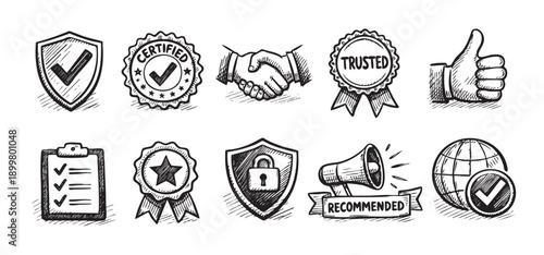 Hand drawn illustration depicting a set of trust, quality assurance, and approval related icons for website, graphic design, and marketing material. Black and white sketch style.