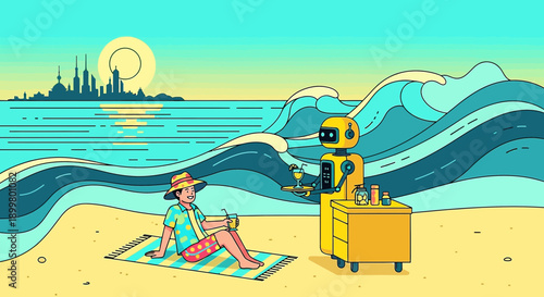 Robot bartender serving a man on a vibrant beach with a city skyline backdrop creating a surreal