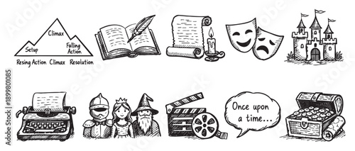 A sketched collection of storytelling symbols including a story arc, open book, castle, campfire, theatre masks, and a storyteller. Perfect for writing, education, or theatre.