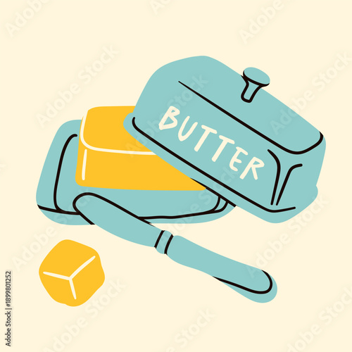 Block of fresh Butter in metallic butter dish with open lid, knife nearby, butter cube. Hand drawn trendy Vector illustration. Isolated design element. Breakfast, kitchenware, cooking, baking concept