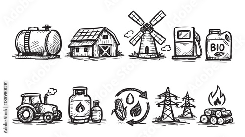 Hand-drawn vector illustration showcasing renewable energy sources and sustainable agriculture practices. Perfect for educational materials, environmental awareness campaigns, or farm-to-table concept