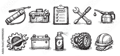 Hand-drawn vector sketch featuring auto repair tools, equipment and a service checklist. Represents maintenance, car service, mechanics, repair shops and general vehicle upkeep.
