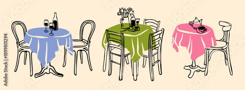 Cafe, Restaurant tables, chairs set. Table with tablecloth, wine bottle, glasses, flowers, teapot, cup. Romantic date, lunch, dinner concept. Hand drawn Vector illustration. Isolated design elements