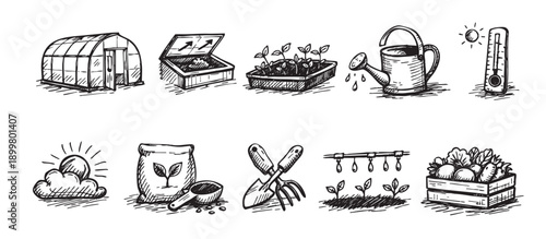 Set of hand-drawn gardening icons including greenhouse, tools, plants, and seeds on white. Ideal for gardening blogs, educational materials, and nature-related projects.