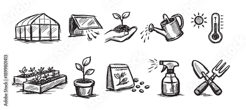 Set of hand-drawn gardening icons including greenhouse, tools, plants, and seeds on white. Ideal for gardening blogs, educational materials, and nature-related projects.