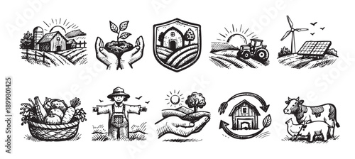 Collection of sketched icons depicting farm life, sustainable agriculture, and rural landscapes. Ideal for branding, web design, and print materials relating to food, nature.