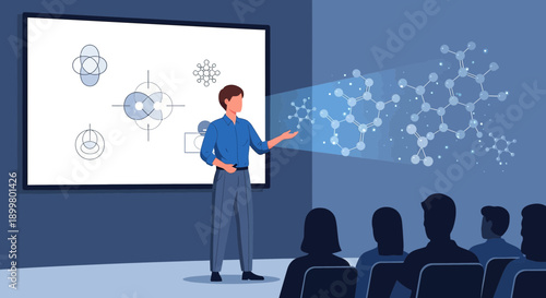 Scientific Presentation: A Professor Explains Molecular Structures to an Audience Attentively