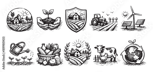 Collection of sketched icons depicting farm life, sustainable agriculture, and rural landscapes. Ideal for branding, web design, and print materials relating to food, nature.