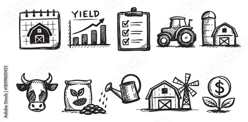 Hand drawn farm icons including a barn, tractor, cow, crops, and graph. Great for representing agriculture, farming, rural life, and food production in a sketch style.