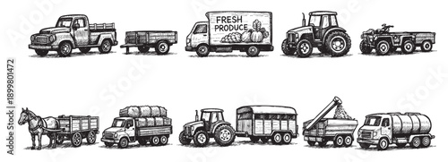 Black and white line art illustrations of various farm transportation vehicles: trucks, tractors, trailers, and horse-drawn cart. Suitable for illustrating agriculture, farming, and rural themes.