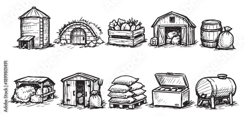 A hand-drawn sketch featuring common farm elements like a barn, silo, cellar, shed, tractor, and supplies. Great for illustrating agricultural concepts, rural life, or vintage themes.