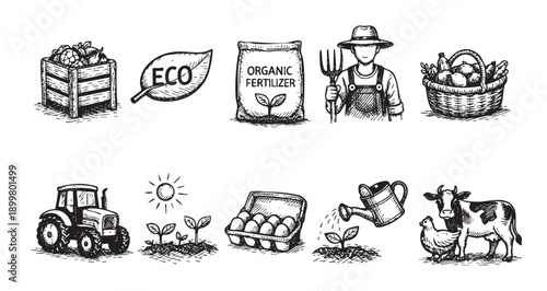 Black and white vector drawing featuring farming and agriculture themed icons, perfect for illustrating organic food, sustainable practices, or rural lifestyles.