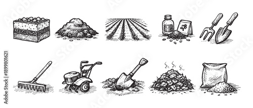 A collection of detailed, hand-drawn gardening illustrations including tools, soil, and plants. Ideal for nature-themed projects and gardening publications.