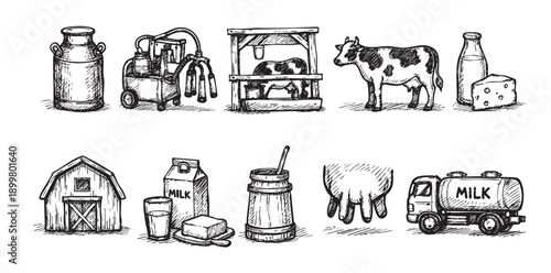 Black and white vector sketch of dairy farming elements: cow, milk truck, milking equipment, barn, milk container, and cheese. For use in agriculture, food, or education materials.