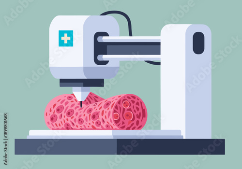 A 3D printer constructs a heart tissue model, showcasing bioprinting technology for regenerative medicine. Clean, modern design with a pink heart tissue foreground.