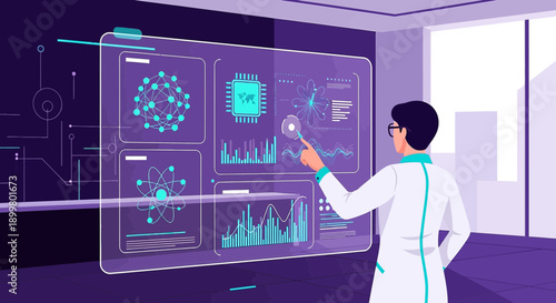 Scientist analyzing complex data visualizations on a futuristic transparent display screen in a