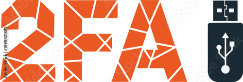 Bold 2FA login security token graphic. Fragmented letters form the acronym, accented with a USB drive icon. Modern, vibrant design for digital security concepts.