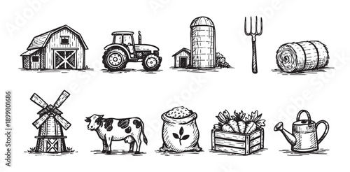 Illustration of farm icons: barn, tractor, silo, pitchfork, hay bale, windmill, cow, sack, carrots, watering can. Perfect for agriculture or food projects.