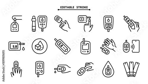 Glucometer and Diabetes Care Icons: Editable Outline Symbols for Blood Sugar Measurement, Health Monitoring and Treatment