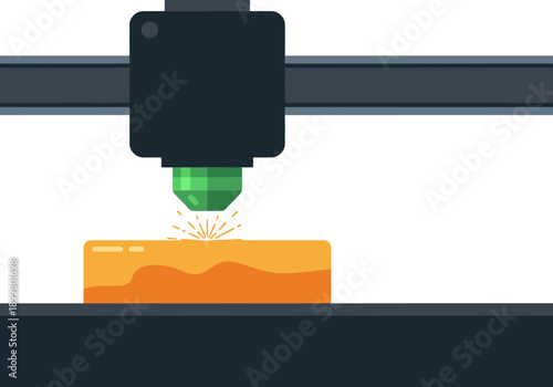 A 3D printer performs laser bioprinting, creating a green structure on an orange base.  Illustrative, modern, additive manufacturing concept.