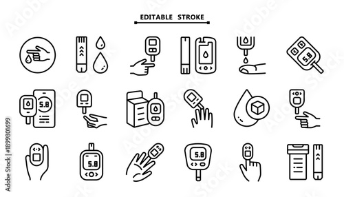 Diabetes and Glucometer Icon Set: Device, Test Strip, Smartphone Connection, Blood Drop, Syringe and Tools for Health Control

