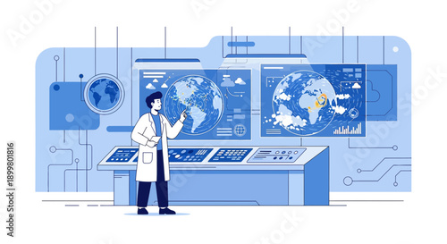 Scientist analyzing global data on interactive screens in a futuristic control room environment