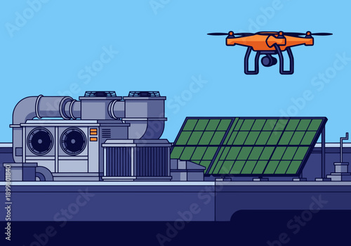 A drone inspects a commercial rooftop featuring HVAC units, solar panels, and a building facade. Modern, clean illustration for facility management.