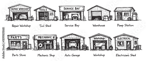 Black and white drawing showcasing various automotive related buildings and workshops. Great for illustrations in guides, websites, or educational materials related to mechanics, tools, and trades.