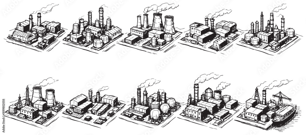 Obraz premium Hand-drawn set of isometric factory illustrations. Depicts various industrial buildings, smokestacks, and transportation elements. Ideal for architectural visualizations, environmental reports, or inf