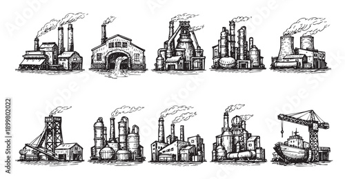 A black and white vector illustration featuring various industrial buildings and structures, including factories, refineries, and docks. Ideal for infographics or presentations about industry.