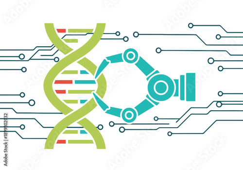 A futuristic robot interacts with a DNA helix, symbolizing genetic engineering and biotechnology. Modern, digital background highlights innovation and science.