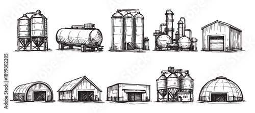 A sketch illustration of various industrial and agricultural buildings including silos, tanks, factories, and warehouses. Perfect for architectural renderings or industrial themed designs.