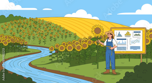Female farmer presenting agricultural data on a large display board.