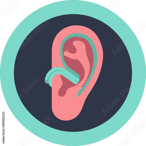 Illustrative graphic showcasing auricular biofabrication surgery on an ear. Clean, modern design with a teal circle highlighting the surgical process. Professional medical imagery.