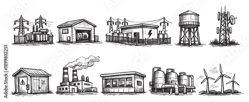 A set of hand-drawn style illustrations depicting various power generation facilities including coal, nuclear, hydro, and wind. Great for infographics, presentations, or illustrating energy transition