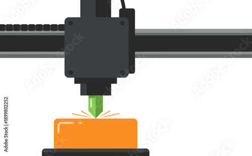 A laser bioprinter adds material to a 3D printed orange block. This additive manufacturing process showcases precision and modern technology. Clean, bright studio setting.