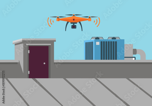 A maintenance drone inspects a building roof. Clear, modern illustration showcasing roof access and inspection. Ideal for business and technology visuals.