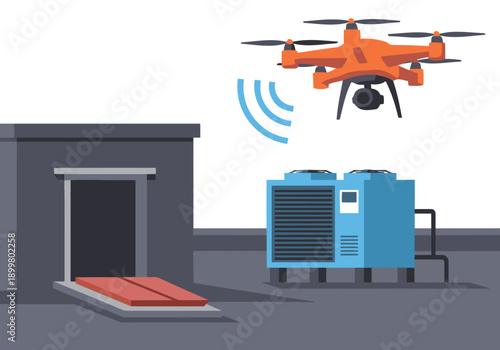 A maintenance drone inspects a rooftop cooling unit. Clear, modern illustration showcasing drone technology and building infrastructure. Ideal for tech, industrial, and maintenance themes.