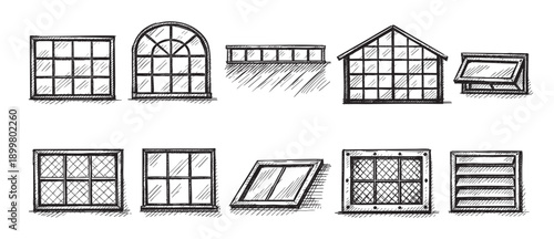 Hand-drawn window illustrations in various styles: square, arched, louvred, and tilted. Black and white sketches. For architectural design, home improvement, or creative projects.