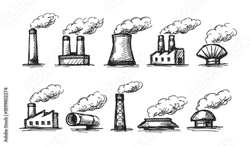 Collection of factory and chimney sketches with smoke. Hand-drawn illustration of industrial pollution. Perfect for environmental, ecological, or industrial design projects.
