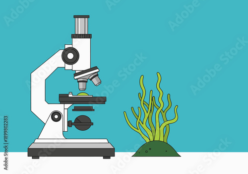 Microscope examines algae, representing biofuel technology. Clean, modern illustration with a bright background. Ideal for science, sustainability, and tech concepts.