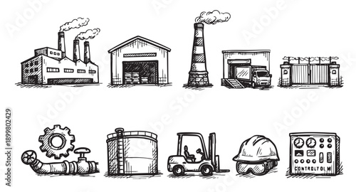 A set of hand-drawn style vector icons representing factory elements, industrial machinery, and equipment. Perfect for infographics, presentations, and reports related to manufacturing and industry.