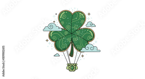 Whimsical green shamrock hot air balloon flying amidst fluffy clouds and sparkles, Generative AI.